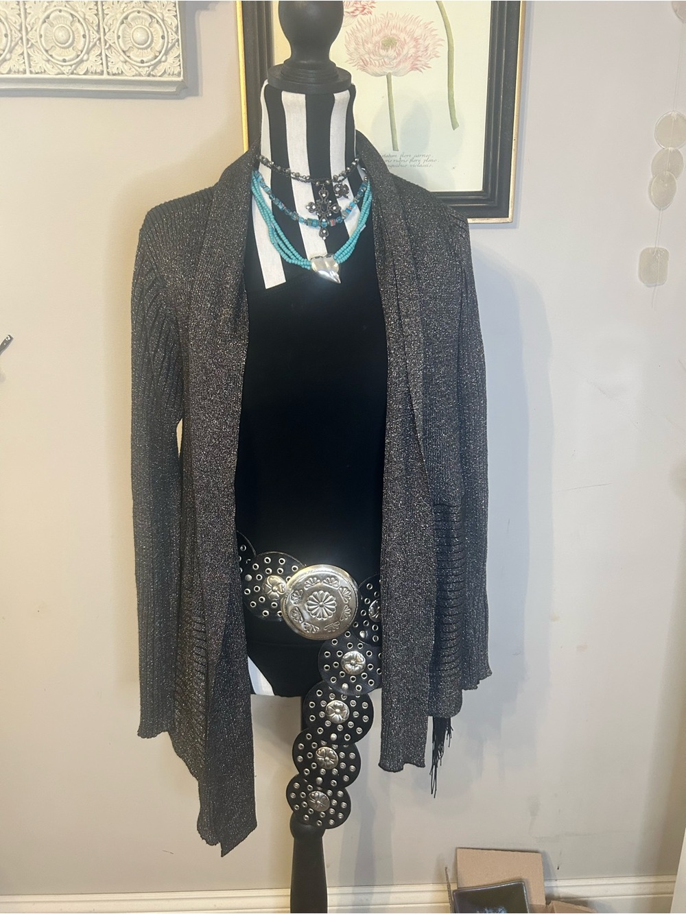 JM Collection Metallic Charcoal Open-Front Cardigan